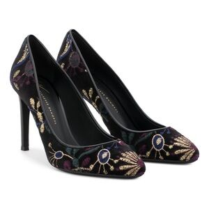 Giuseppe Zanotti Annette Velvet Floral Embroidered Almond Toe Pumps Heels Black